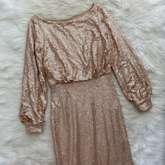 Tadashi Shoji Champagne Gold Sequin Long Sleeve Evening Dress Gown - Picture 2 of 15